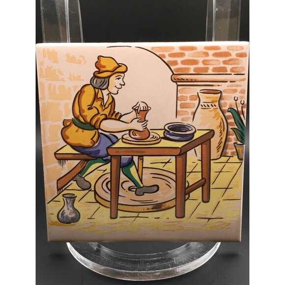 Vintage European Folk Art Tile Wall Plaque Hand Painted Home Decor 4.5''x4.5'' - Picture 3 of 11